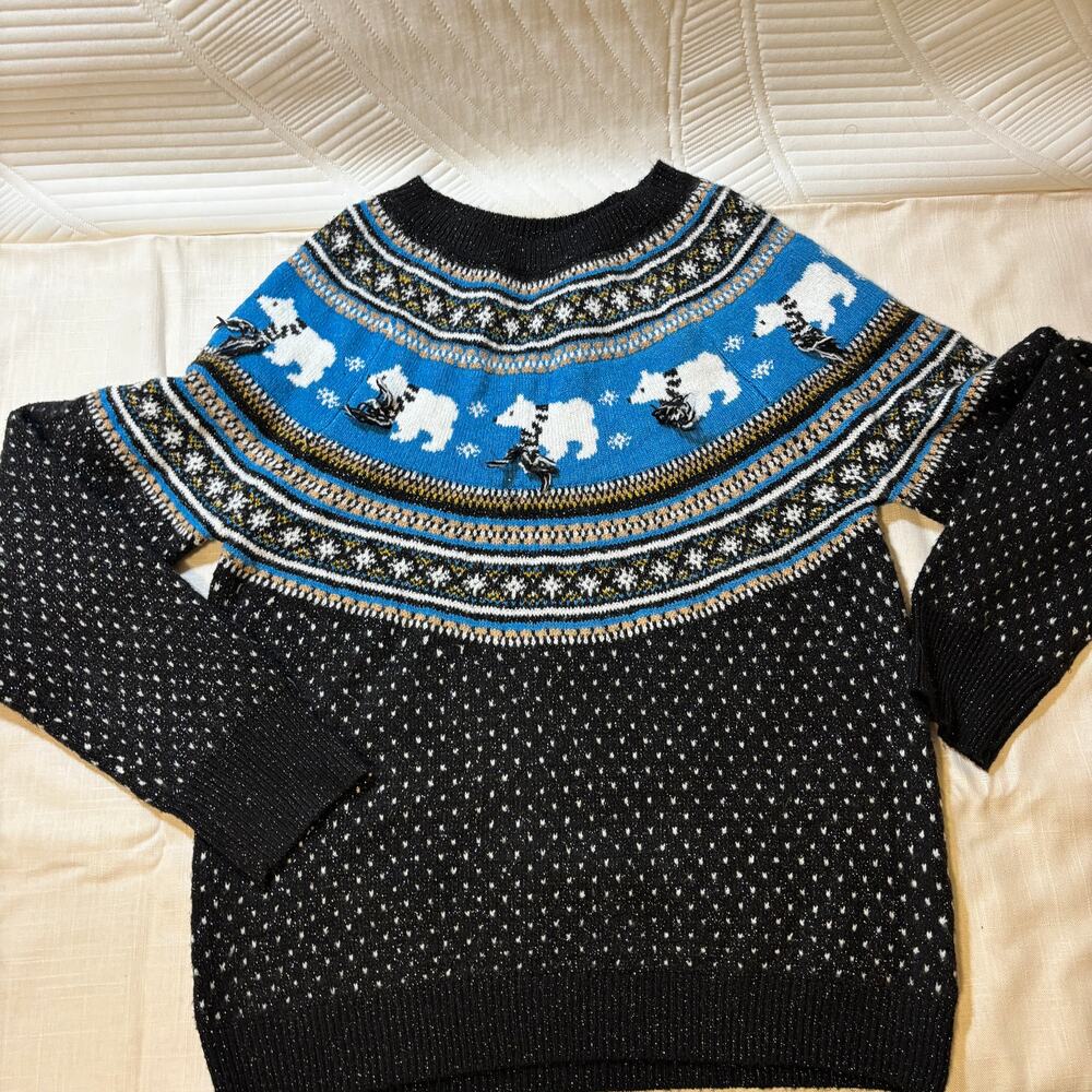 Holiday Time Womens M Christmas Sweater Polar Bear Fair Isle Nordic Black Blue